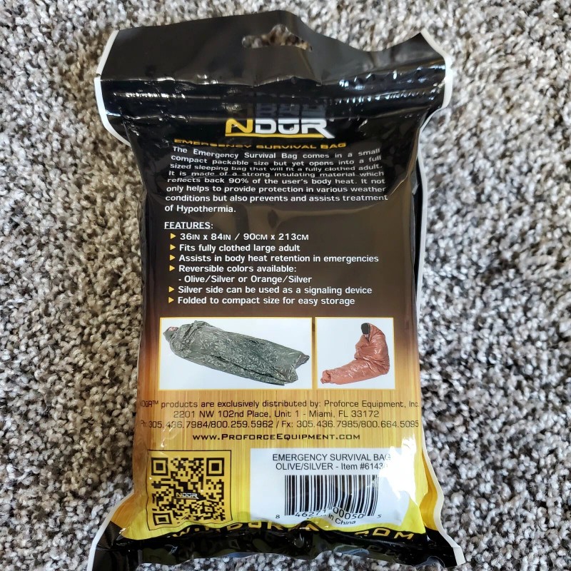 NDUR EMERGENCY SURVIVAL BAG OLIVE/SILVER, 36 " x 84" Strong