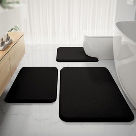 Black Bathroom Rug Set Memory Foam Bath Mats 3 Piece with Toilet Mats, Soft & Supportive, Shock Absorbing, Water Absorbent, Non-Slip Bath Rugs, Machine Washable, Area Rug, Home Decor Accessories