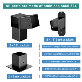 Antsky 15° Wall Pergola Kits - Stainless Steel 15 Degrees Wall Mounts pergola for 4x4 Posts(Actual 3.6" X 3.6"), Roof Bracket Kit, Angled Pergola Construction Pergola Bracket Kit(3-Way)