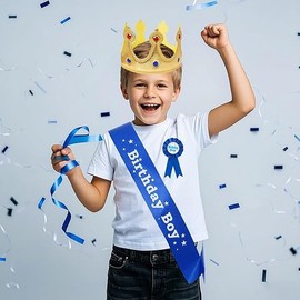 Birthday King Crown Sash and Button Pin Set for Boys Birthday Party Decorations and Photo Props