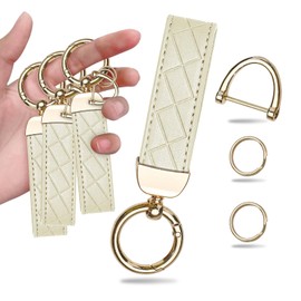 Yitexin 3 Packs Microfiber Leather Car Keychain, Key Fob Holder Anti-Lost D-Ring & 2 Key Rings, Rotatable Key Chain (White)