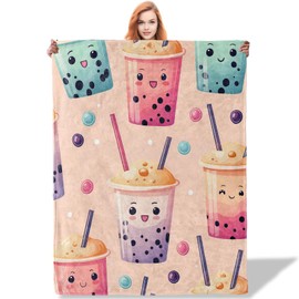 Plistiz Cute Bubble Tea Throw Blanket 50x60, Boba Theme Blankets for Living Room Decor, Soft Flannel Bubble Tea Gifts for Women