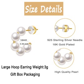 Pearl Hoop Earrings for Women Small Pearl Hoop Hypoallergenic Drop Dangle Earrings,14K Gold Plated Lightweight Open Large Circle Round Beaded Earrings Jewelry Birthday Gift for Women