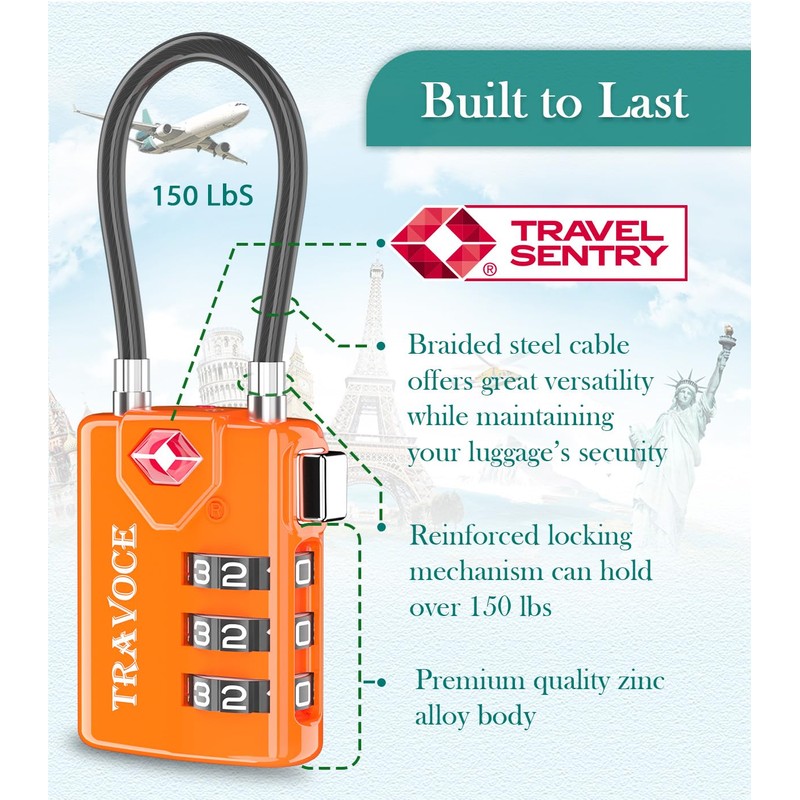 Search Alert TSA Approved Travel Combination Luggage Cable Locks for