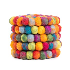 Round Felt Ball Coasters - 100% Merino Wool Table Coasters - Absorbent Coaster for Drinks - Thick and Durable, Hand Felted in Nepal by Woolygon - Multicoloured - Set of 5