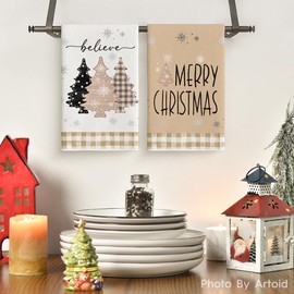 Artoid Mode Brown Pine Trees Merry Christmas Kitchen Towels Dish Towels, 18x26 Inch Believe Winter Xmas Holiday Decoration Hand Towels Set of 2