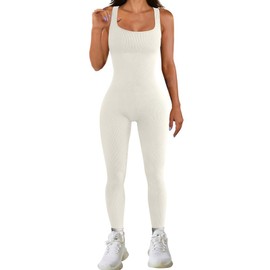 Bodycon Jumpsuit for Women UK, Sleeveless Square Neck Black Jumpsuit, Seamless Ribbed Stretchy Romper for Fitness Yoga Workout (White, M)