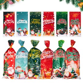 Christmas Cellophane Bags,Christmas Sweet Bags Goodies Candy Treat Bags with Twist Ties Santa Claus Snowflake Elk Xmas Party Bags for Christmas Party Supplies A4KTZSD