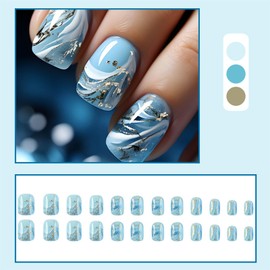 Rchovsam Blue Marble Press on Nails Short Square Nails Press Ons Summer Waves Design Press Ons Full Cover False Nails Gift for Wemons 24pcs
