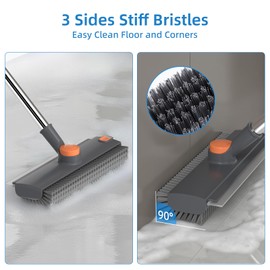 Scrub Brush with Long Handle, Floor Scrub Brush Squeegee Broom for Cleaning, 3 in 1 Shower Scrubber Floor Broom Squeegee for Concrete Tile Wall Deck Patio Grey