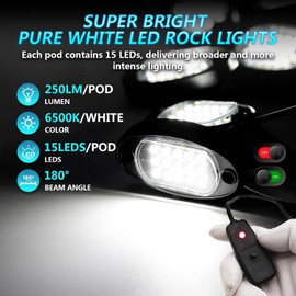 4Pods All Pure White LED Rock Lights Full Kit Plug and Play & Pre Wired 6500K with Switch Wiring Harness Extension Fuse, 60Chip Waterproof Bright Underglow 12V for UTV ATV Offroad RZR Four Wheeler SXS