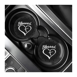 KVAEY 2 PCS Car Cup Holder Coaster, 2.76 Inch Anti Slip Vehicle Drink Mat with Cute Blessed Cross and Heart, Shockproof Cup Holder Coaster for Most Cars, Universal Car Accessories (Black)