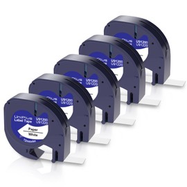 UniPlus 5 x Compatible Dymo Letratag Label Tape Replacement for lt 91200 91220 S0721520 12mm x 4m Black on White Paper Tape for Dymo LetraTag LT-100H LT100H LT-100T XR QX50 Label Printer