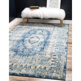 Unique Loom Oslo Collection Distressed Medallion Traditional Navy Blue Area Rug (5' x 8')