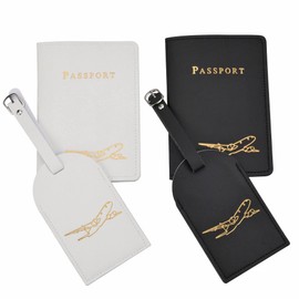Faletony Set of 2 Luggage Tags and Passport Covers Made of Faux Leather, Mr and Mrs Suitcase Tag, Address Tag, Suitcase Tag for Travel Bag, Suitcase, Wedding, Party (Black + White)