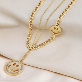 Jemant Smile Necklace for Women Gold Silver Stainless Steel Punk Hip Hop Cute Aesthetic Smile Face Necklace Double Layer for Women Pendant Rhinestone Round Jewelry Birthday Gift for Daughter