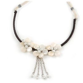 Avalaya White Shell Flower Metal Wire with Black/Off White Cotton Cord Necklace - 44cm L/ 5cm Ext