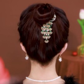 Women Ponytail Buckle, Headdress Hair Clip Fish Tail Ponytail Holder Tassel Rhinestone Pearl Hair Grip Clip (Green, One Size)