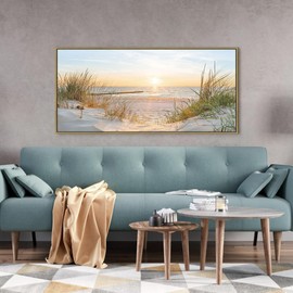 Canvas Framed Wall Art Beach: Ocean Coastal Large Picture Decor Seascape Sunset Scene Painting Sea Seaside Landscape Print Modern Seashore Grass Dunes Artwork for Bedroom Living Room