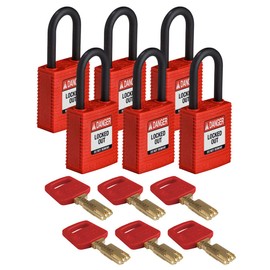 Brady SafeKey Nylon Padlock, Nylon Shackle, 38mm x 84mm x 19mm, Red, Pack of 6