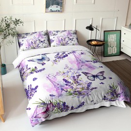 AILONEN Purple Butterfly Duvet Cover Set Twin Size, Lavender Floral Comforter Cover Set,Eiffel Tower Butterflies Bedding Set for Girls Women, 3 Pieces, 1 Quilt Cover and 2 Pillowcases