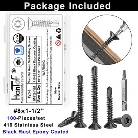 HanTof 100Pcs Torx Drive High-Strength Quick Tapping Screws for Metal, Black #8 x 1-1/2" Flat Head Self Drilling Screws, 410 Stainless Steel Sheet Metal TEK Screws Assortment with 1 Pcs T20 Bits