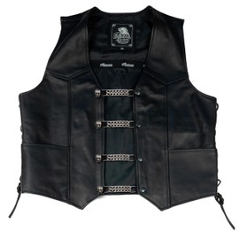 Iguana Custom Custom Leather Biker Vest Extender with Double Chain and Decorative Chrome-Plated Metal Figure and Toggle Buttons, black