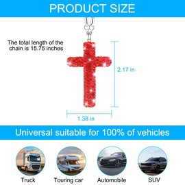 HZEL Bling Car Hanging Ornament, Cross Crystal Rhinestone Vehicle Rear View Mirror Pendant, Diamond Religious Rearview Mirror Decoration Charm, Universal Automotive Interior Accessories (Red)
