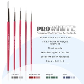 Creative Mark Pro White Soft Filament Acrylic Paint Brushes - Assorted Round Set of 5 - Seamless Ferrule - Short Wood Handle Brushes for Acrylic Painting Acrylic Gouache, Oils & Casein
