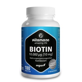 Biotin 10,000 mcg High Dose Vegan, 10 mg Pure Biotin (Vitamin B7), for Hair Growth & Skin, 180 Tablets for 6 Months, Natural Dietary Supplement without Additives, Made in Germany