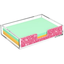 Rulyyo Acrylic Notepad Dispenser Organizer - 4 x 6 in Clear and Glitter Pink Sticky Note Holder W/O Pads Memo Holder for Dorm Room School Classroom Office Desk Organizer Aesthetic Supplies