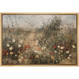 MUDECOR Framed Canvas Print Wall Art Wildflower Meadow in Bloom Realism Decorative Scenic Panoramic for Living Room, Bedroom, Office - 16"x24" NATURAL