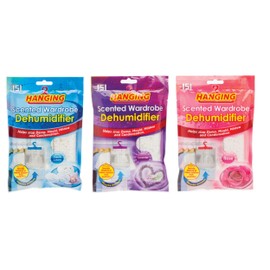 Set Of 3 Hanging Wardrobe Dehumidifier Bags Scented Moisture Trap Crystals Damp control Rose Lavender & Fresh Linen Scent