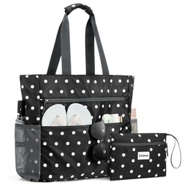 G4Free Beach Bag, Waterproof Sandproof Beach Tote Bag, Large Capacity Foldable for Women, Black and White Polka Dots