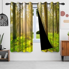 Laeacco Sunshine Forest Blackout Curtains Green Cedar Trees and Mosses Curtain Drapes Sunrise Forest Nature Scenery Window Curtains for Home Office Bedroom Living Dining Room 42x63 Inch, 2 Panels
