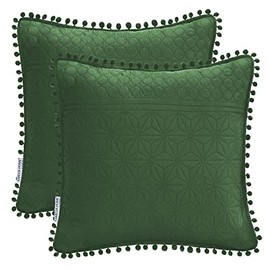 AmeliaHome Meadore 2 Cushion Covers with Pompoms Double-Sided Ultrasonic Quilting 45 x 45 cm Dark Green