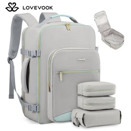 LOVEVOOK TikTokShopRestock  Colorblock Carry-On Travel Backpack with 3 Packing Cubes and Laptop Compartment - Personal Item, TSA-Friendly, Airline Approved Travel Bag for Hiking, Overnight, Weekend, Gift for Valentine's Day:_Grey-pink _50L
