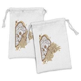 Ambesonne Zodiac Virgo Fabric Pouch Set of 2, Gothic Mexican Female Portrait Sugar Skull Horoscope Tattoo, Small Drawstring Bag for Toiletries Masks and Favors, 9" x 6", Pale Brown White