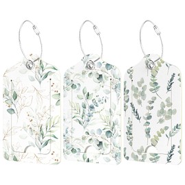 Hnogri 3 Pcs PU Leather Luggage Tags for Suitcase, Travel Cruise Luggage Tag with Privacy Flap, Name ID Label and Metal Loop for Women Men Baggage Handbag School Bag Backpack, Green Leaves