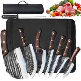 ZENG 8 Pieces Butcher Knife Set with Roll Bag, Chef Knife Set for Meat Cleaver Cutting & Viking Knives with Ergonomic Handles, Stainless Steel Hand Forged Kitchen Knife Set for Home, Cooking, Camping