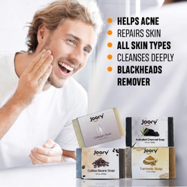 JOORY Natural Moisturizing Soaps for Women and Men – 4 Bath Soaps with Exfoliating Egyptian Loofah Body Scrubber – Vegan Friendly, Cold Pressed Charcoal, Coffee Beans, Turmeric and Collagen Soaps