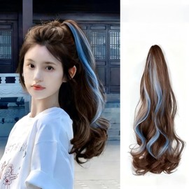 Long curly hair with big wave (cool brown + blue)