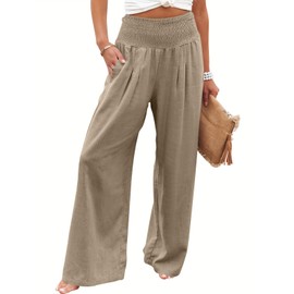 ANRABESS Women Linen Palazzo Pants Summer Boho Wide Leg High Waist Casual Lounge Pant 2025 Beach Travel Vacation Outfits Brown Small