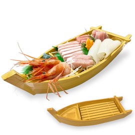 Japanese Sushi Boat Plastic Sashimi Sushi Serving Tray Boat Shaped Food Platter, Made in Japan, 11.8-inch, Yellow