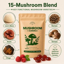15-in-1 Mushroom Gummies with Lion’s Mane & Reishi, Vegan Mushroom Supplement for Women and Men, Raspberry Flavour, 60 Gummies