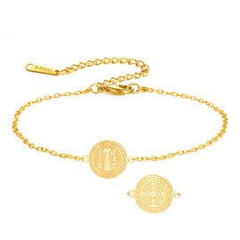Saint Benedict Bracelet Stainless Steel Exorcism Medal Adjustable Chain Bracelet Catholic Protection Amulet Jewelry for Women Men (Gold)