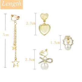 Elicola 4 Pairs Clip On Dangle Earrings, Not Pierced Star Hollow Ball Leaves Cubic Zirconia Drop Dangle Earrings Set for Womens, Gold