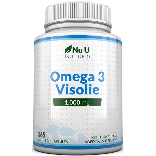Omega 3 Visolie 1000 mg – 365 Gel Tablets, 1 Year Levering – Pure Visolie with Evenwichtige EPA & DHA – Verontreinigingsvrije Omega 3 – Made in Het VK Door Nu U Nutrition