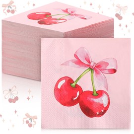 Reallnaive 50 Pack Pink Bow Cherry Napkin 3 Ply Coquette Birthday Party Decoration Disposable Paper Dessert Dinner Napkin Tableware Supplies for Wedding Bridal Baby Shower Bachelorette(Cherry Bow)
