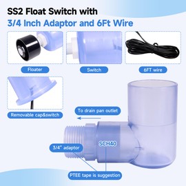SS2 Float Switch L-Shape with 3/4 Inch Adaptor and 6Ft Wire Water Float Switch for HVAC Drain Pan Condensate Outlet (2Pcs)